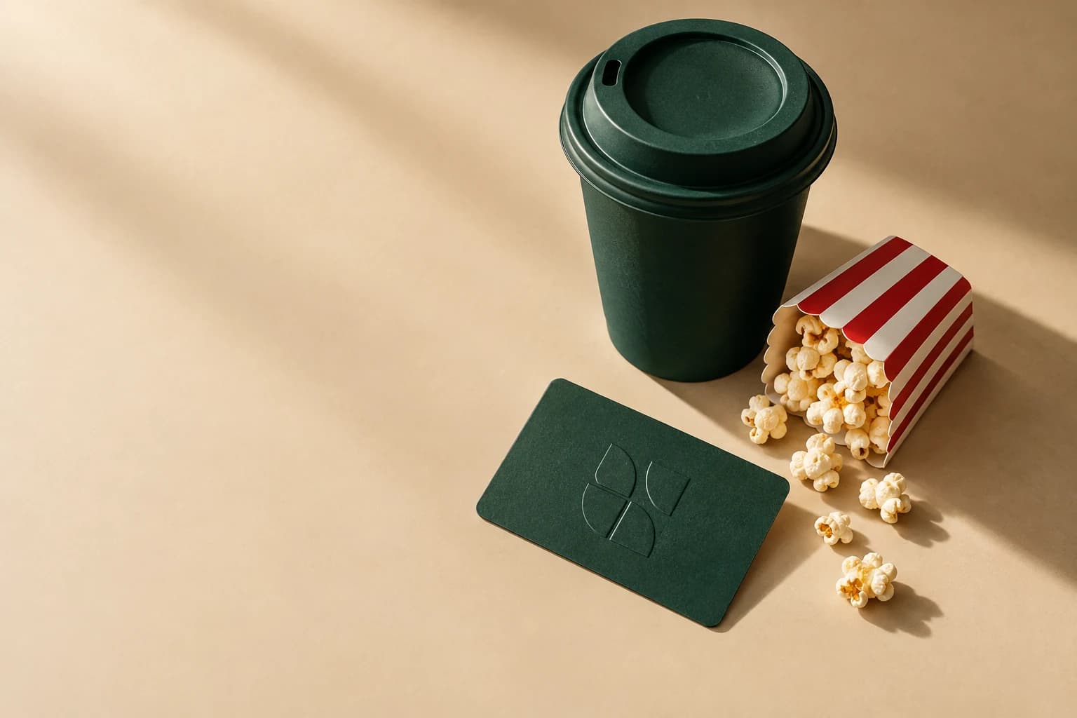 Coffee, movie popcorn, and a shareholder membership card in warm sunlight